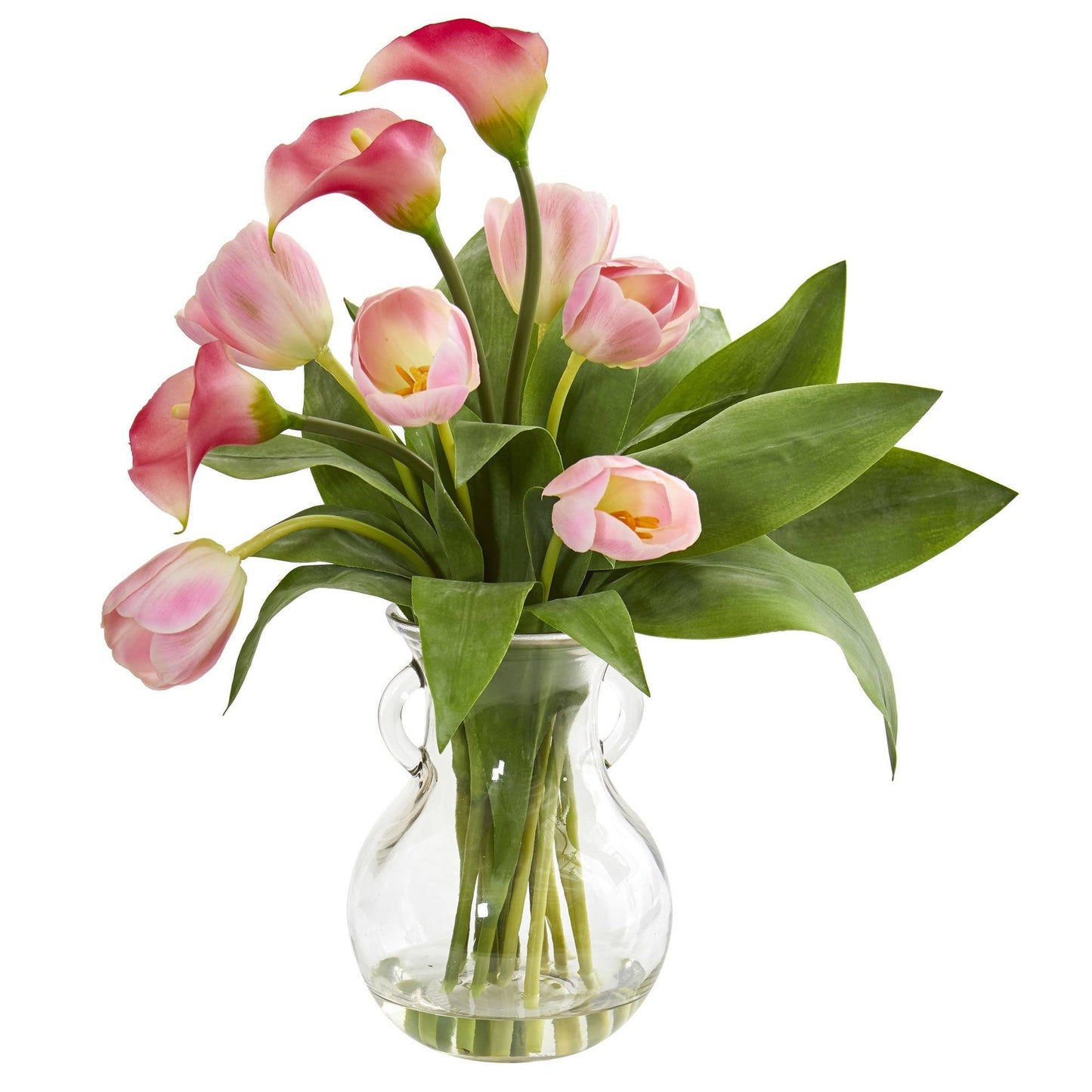 Arrangement artificiel de lys calla et de tulipes dans un vase décoratif