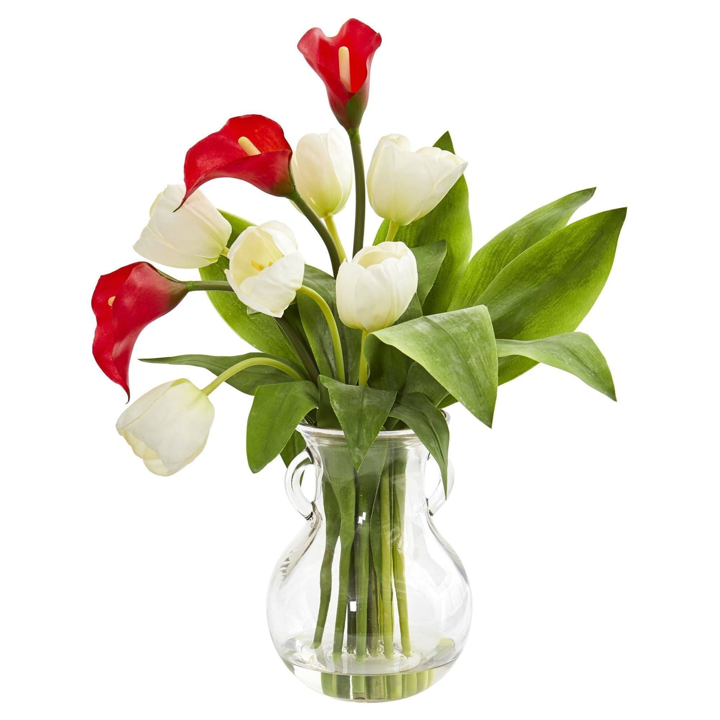 Arrangement artificiel de lys calla et de tulipes dans un vase décoratif