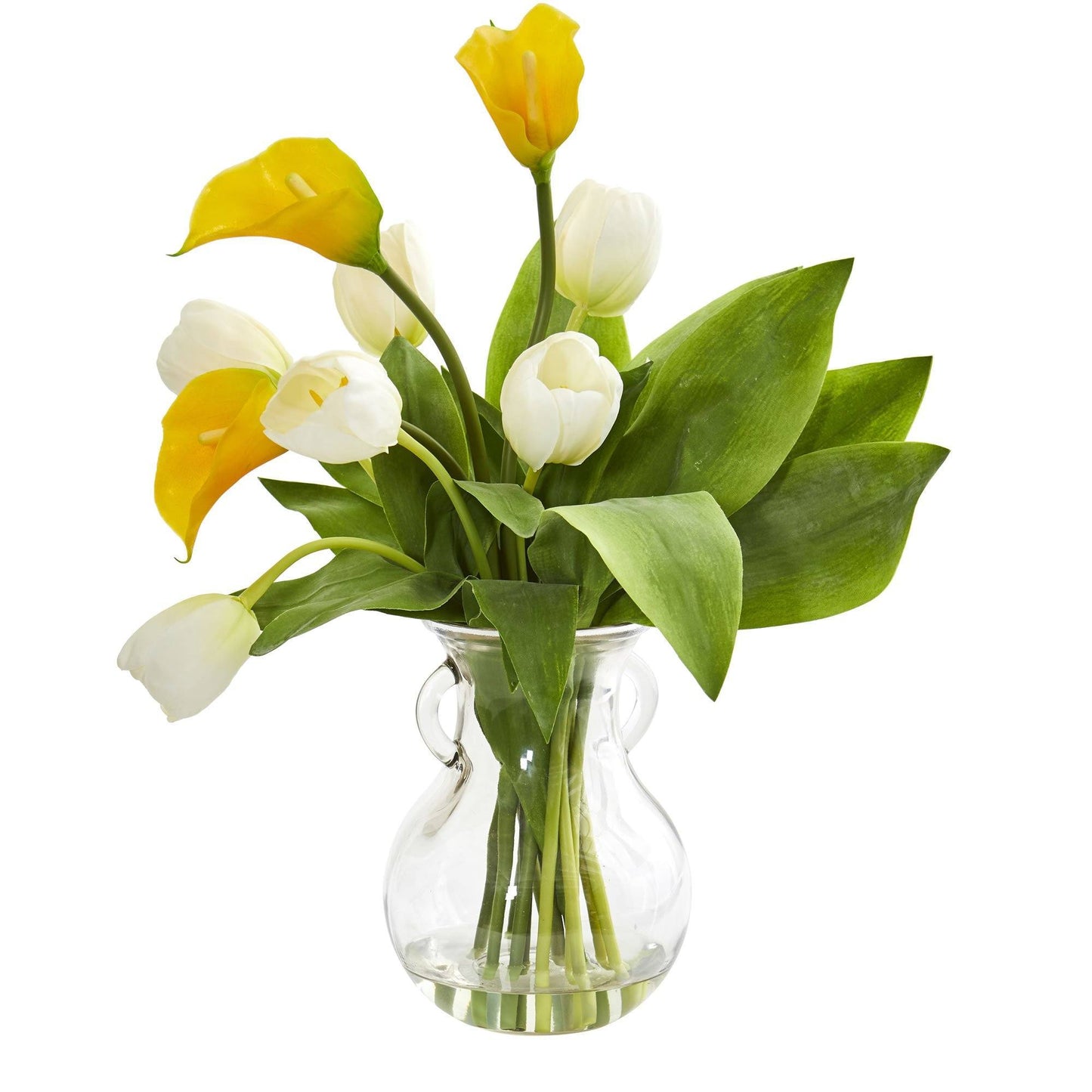 Arrangement artificiel de lys calla et de tulipes dans un vase décoratif