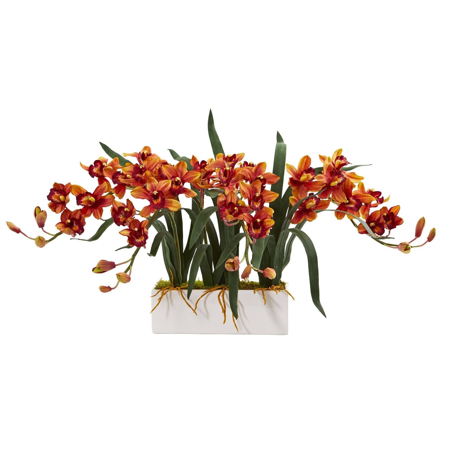 Arrangement artificiel de cymbidium dans un vase blanc