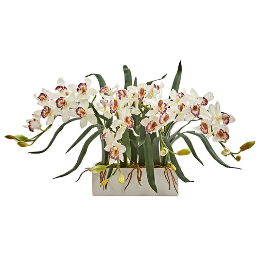 Arrangement artificiel de cymbidium dans un vase blanc