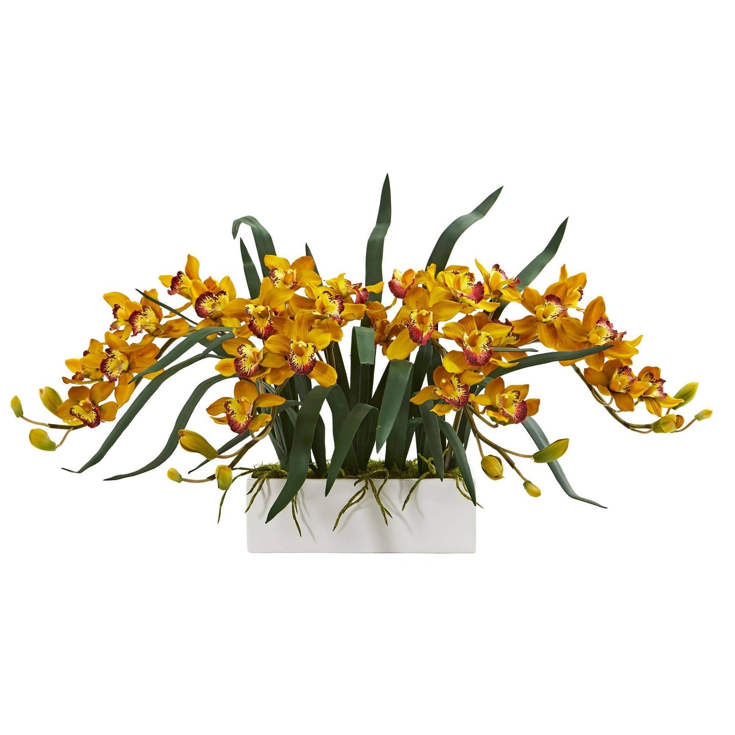 Arrangement artificiel de cymbidium dans un vase blanc