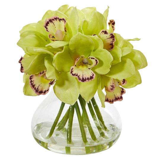 Arreglo artificial de orquídeas de seda Cymbidium en jarrón de vidrio