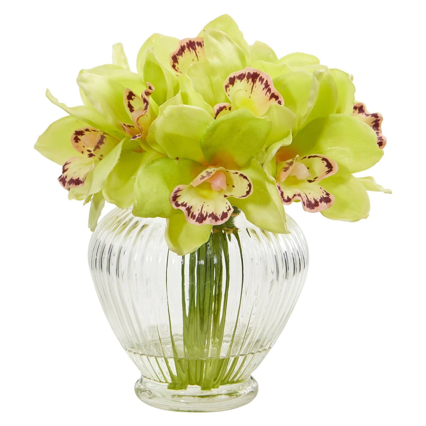 Arrangement artificiel d'orchidées cymbidium artificielles dans un vase en verre