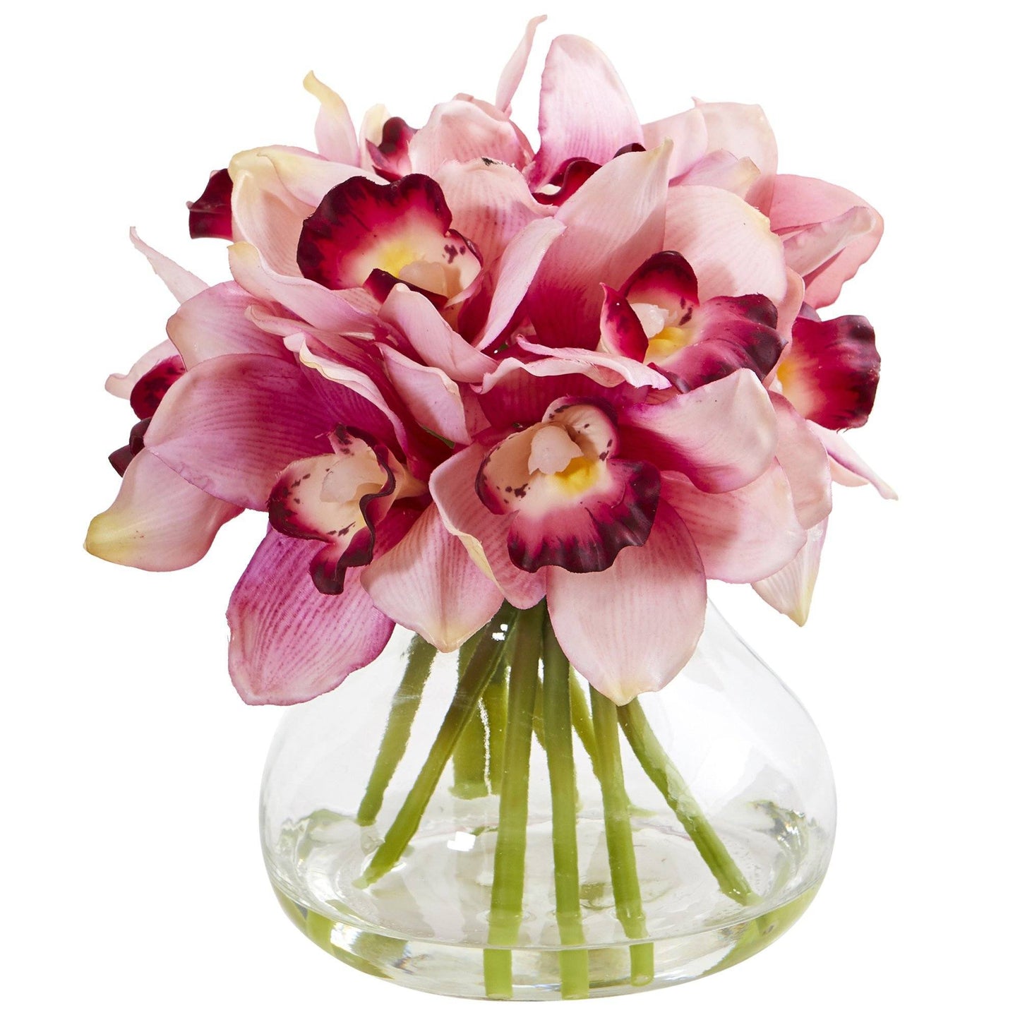 Arreglo artificial de orquídeas de seda Cymbidium en jarrón de vidrio