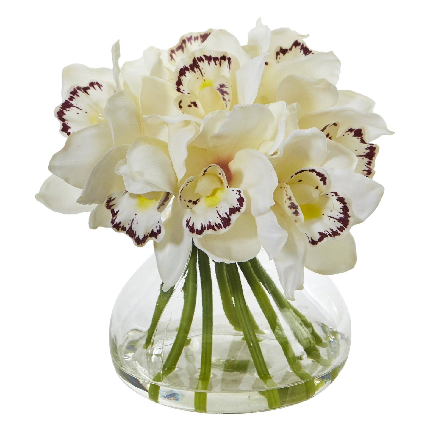 Arreglo artificial de orquídeas de seda Cymbidium en jarrón de vidrio