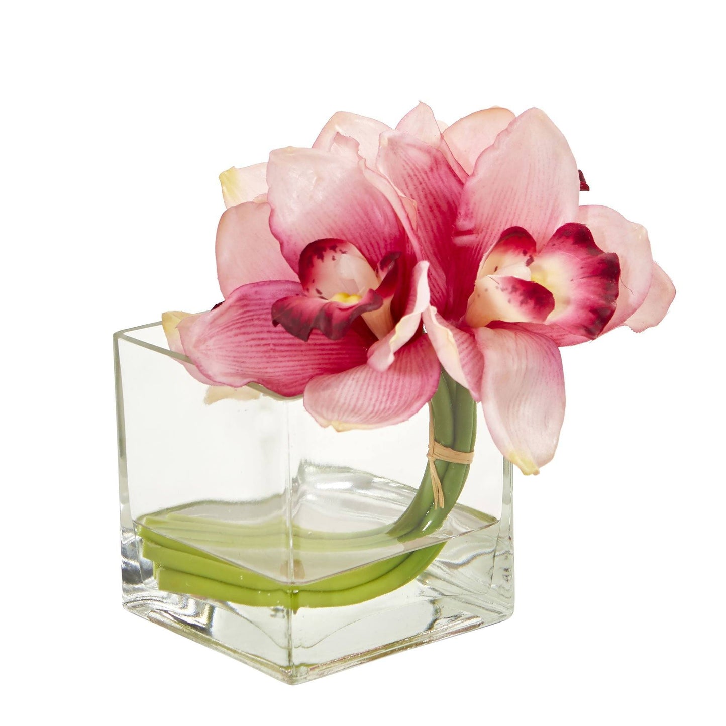 Arreglo artificial de orquídeas Cymbidium en jarrón de vidrio (juego de 2)