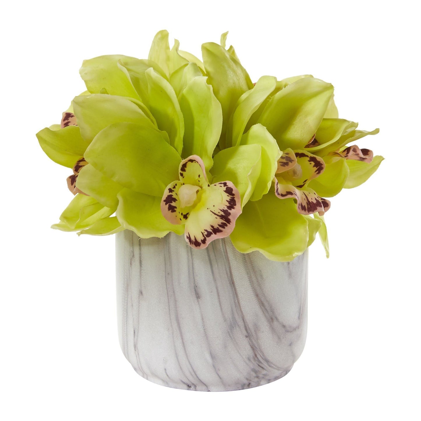 Arrangement artificiel d'orchidées cymbidium dans un vase en marbre