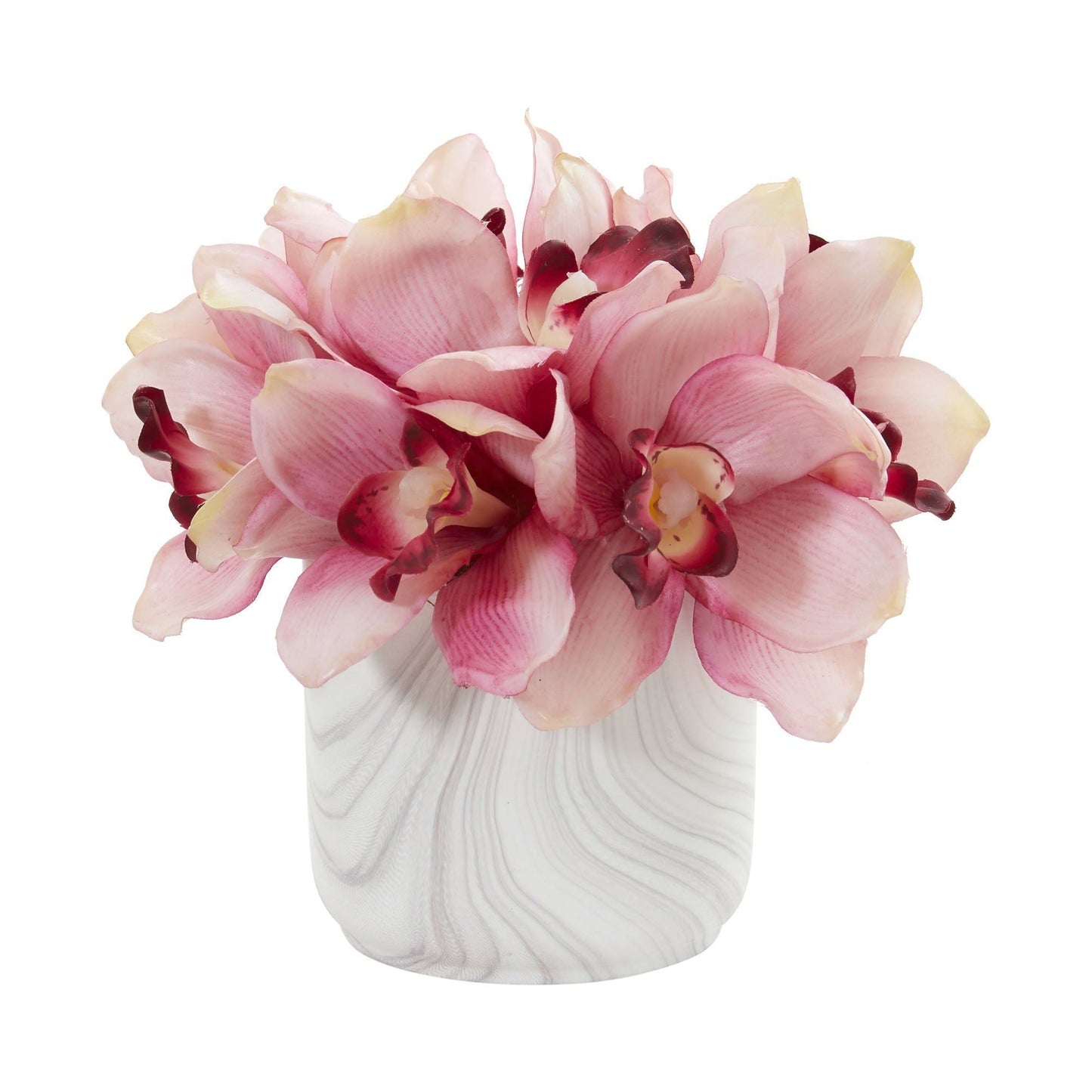 Arrangement artificiel d'orchidées cymbidium dans un vase en marbre