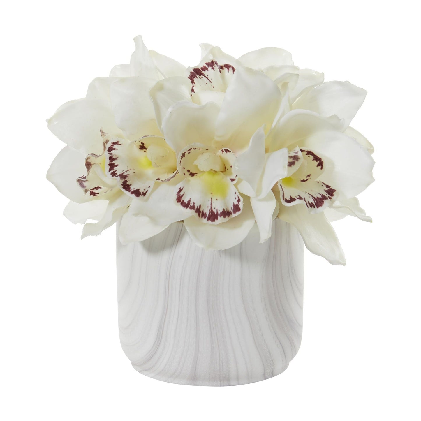 Arrangement artificiel d'orchidées cymbidium dans un vase en marbre