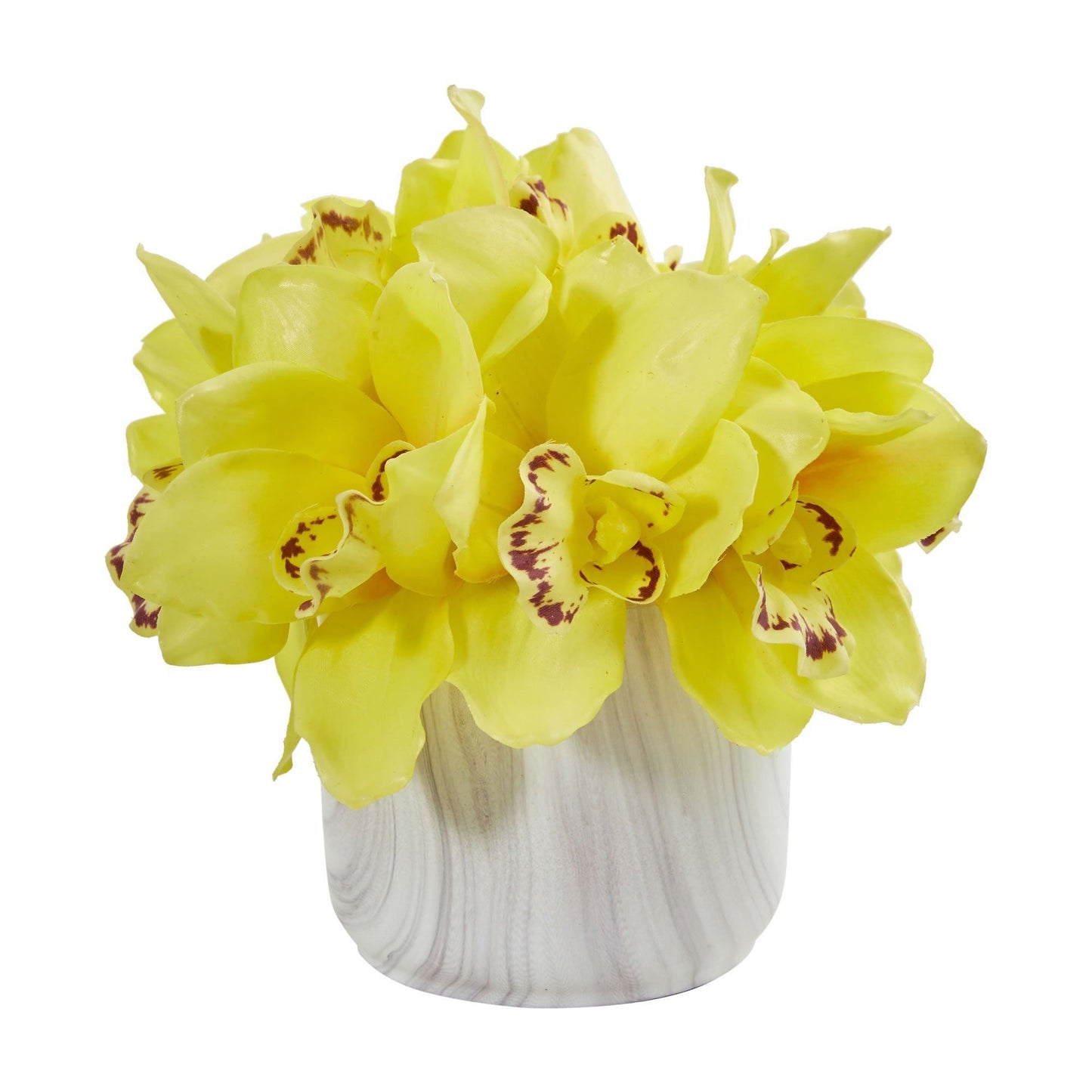 Arrangement artificiel d'orchidées cymbidium dans un vase en marbre