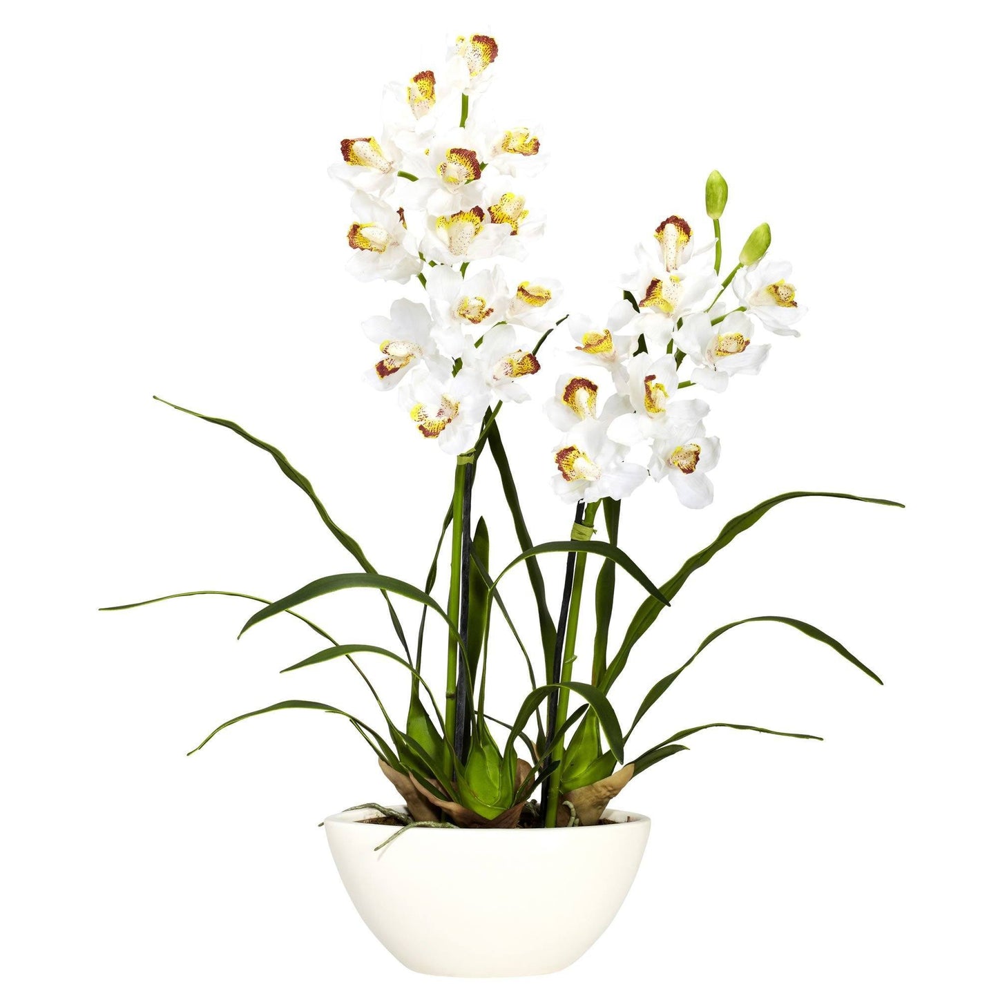 Arrangement de fleurs en soie Cymbidium avec vase blanc