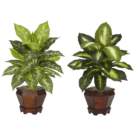 Dieffenbachia avec vase en bois, plante en soie (lot de 2)