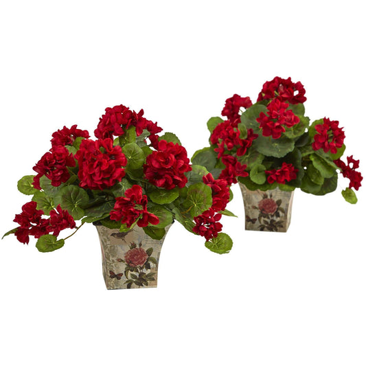 Geranium Flowering Silk Plant with Floral Planter (Set of 2)