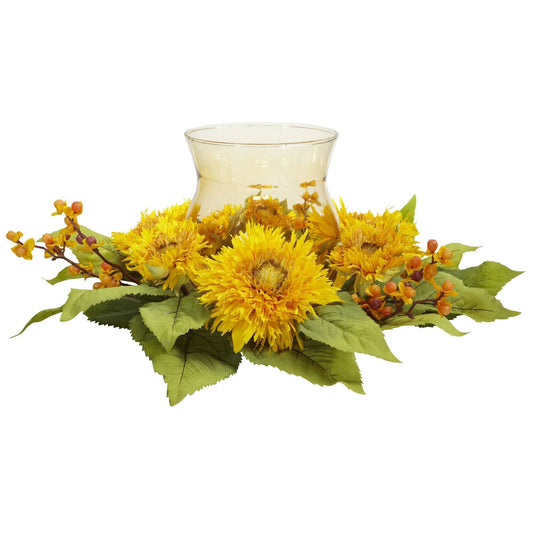 Candelabro con girasol dorado y arreglo floral de seda