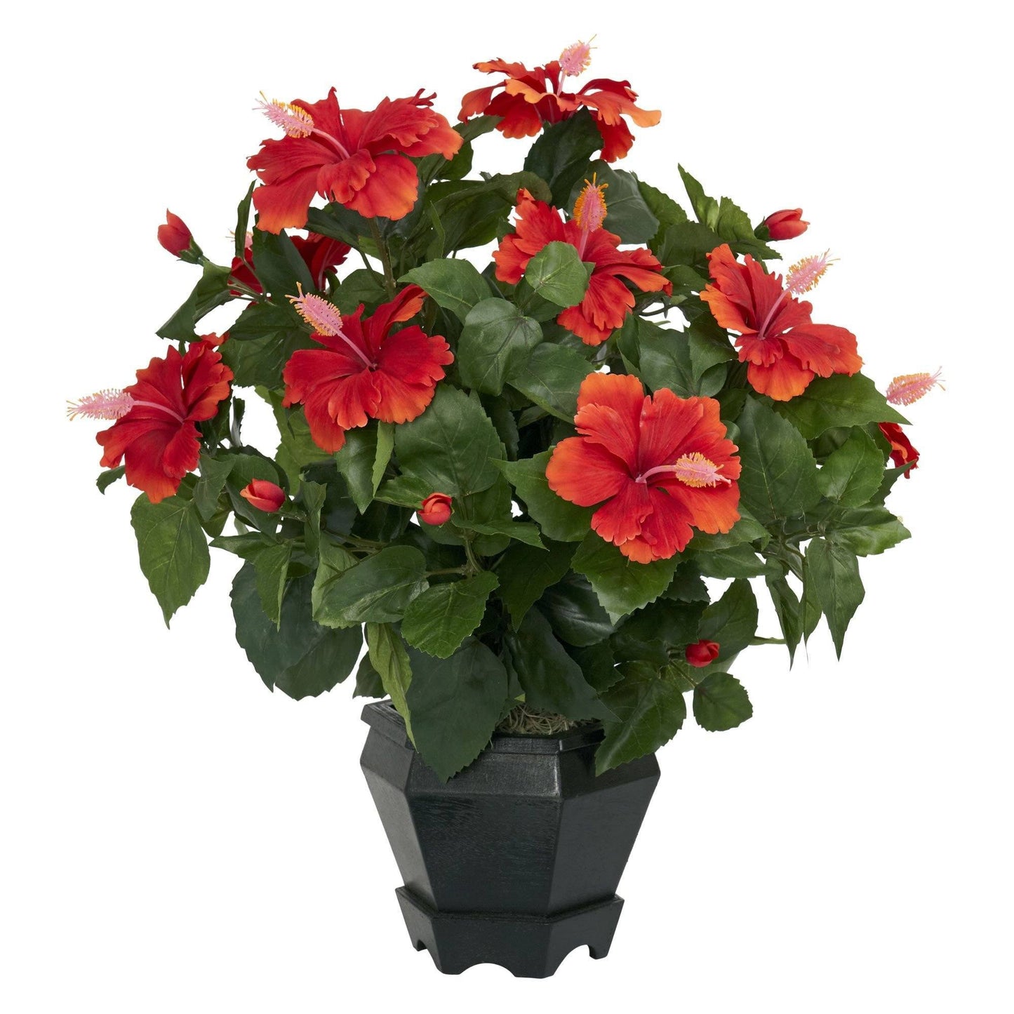 Hibiscus avec vase hexagonal noir en soie