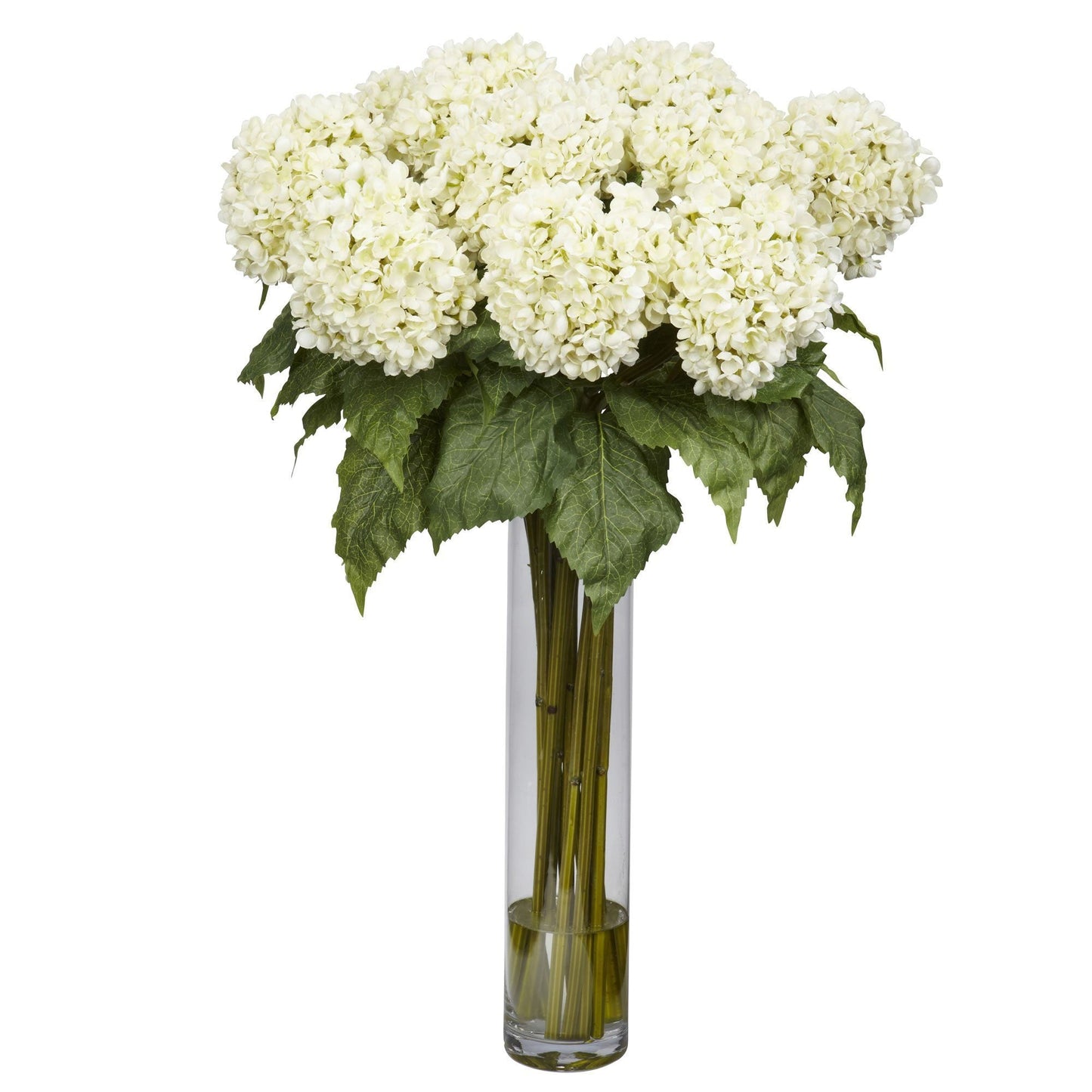 Arrangement d'hortensias avec fleurs en soie cylindriques