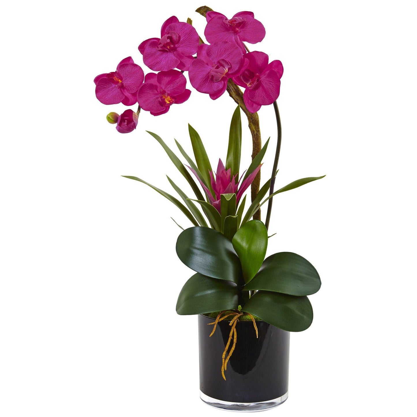 Orchidée en soie et broméliacée dans un vase cylindrique noir brillant