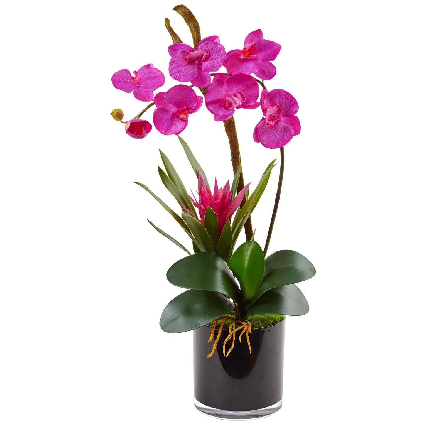 Orchidée en soie et broméliacée dans un vase cylindrique noir brillant