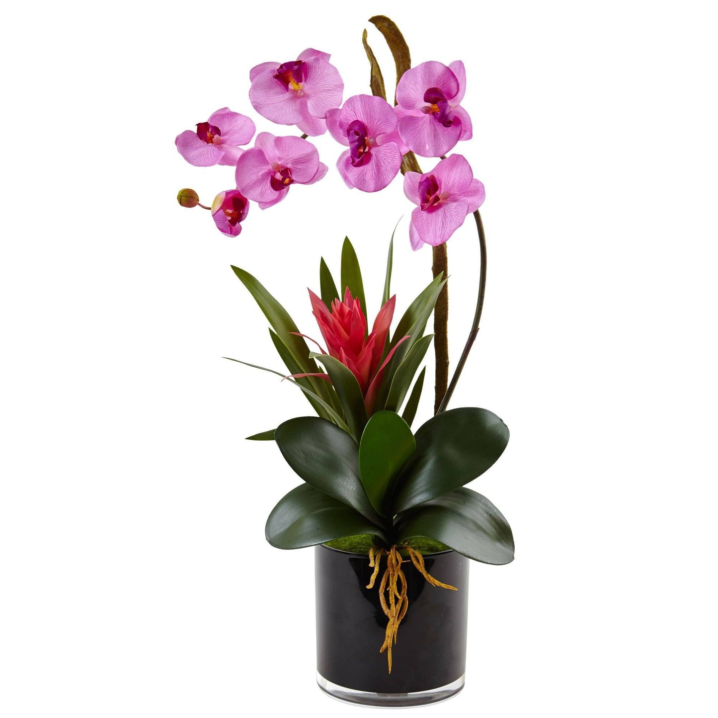 Orchidée en soie et broméliacée dans un vase cylindrique noir brillant