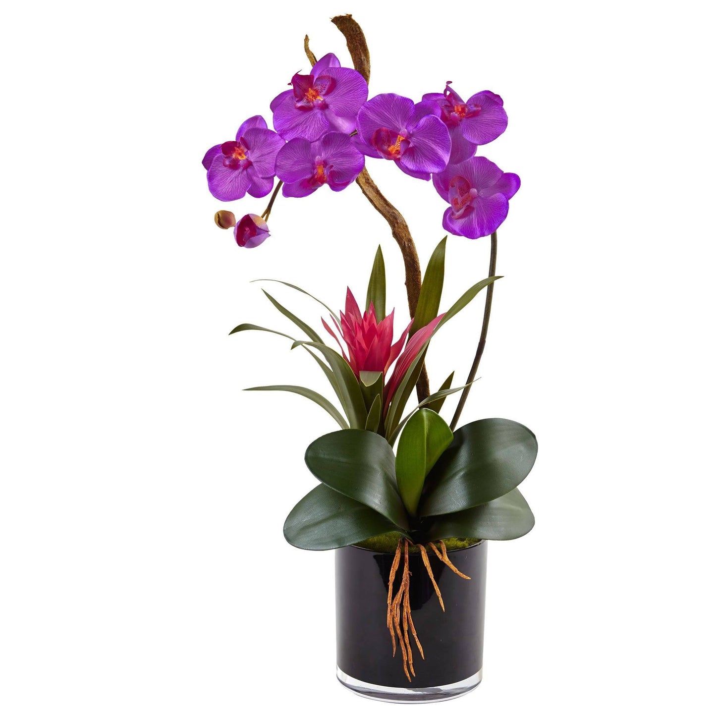 Orchidée en soie et broméliacée dans un vase cylindrique noir brillant