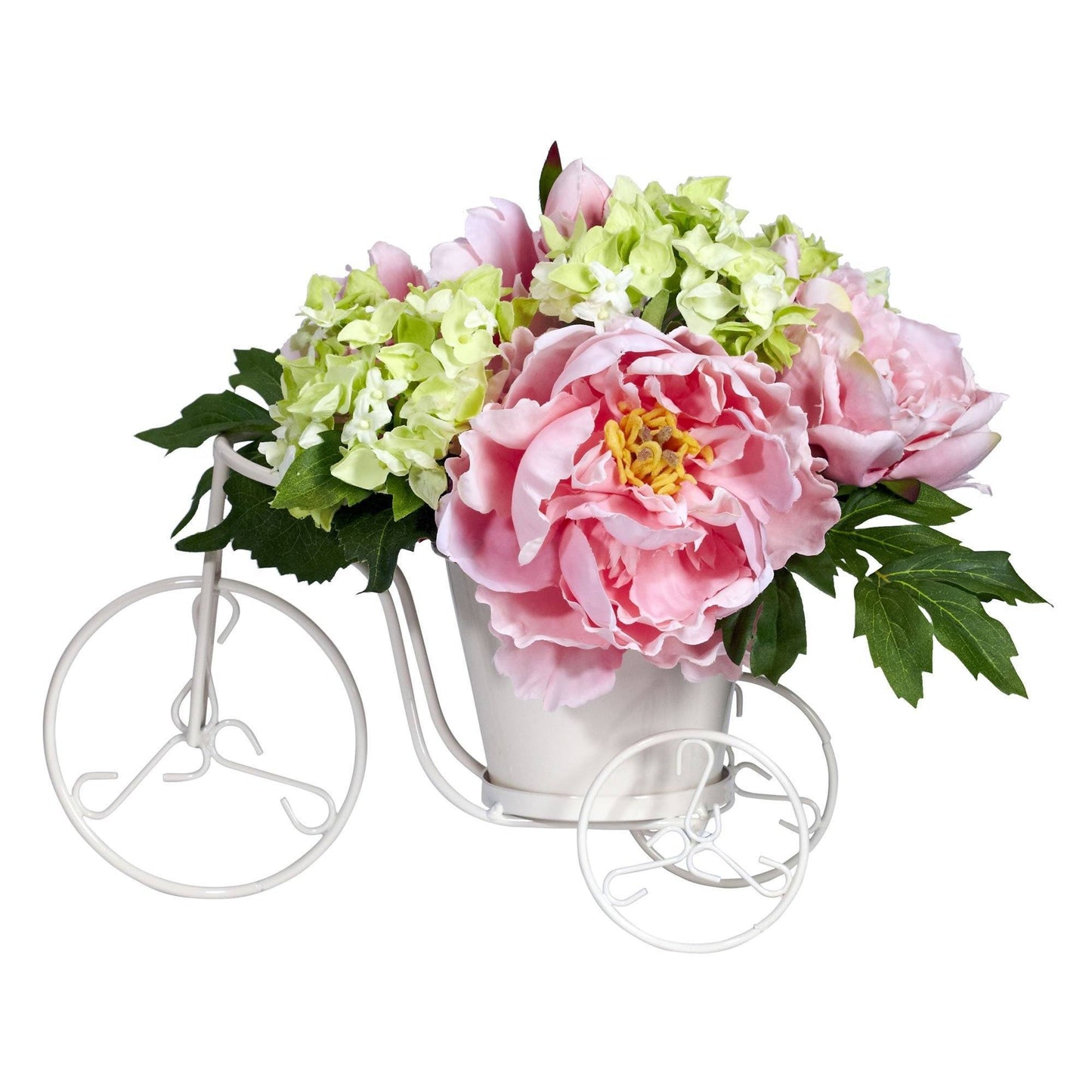 Arreglo floral de seda en forma de triciclo con peonías y hortensias