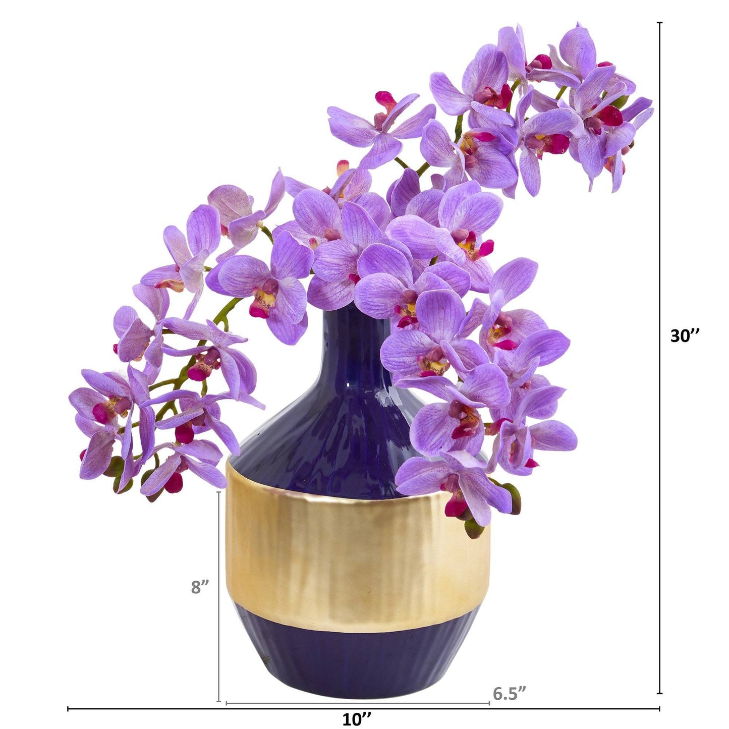 Orquídea Phalaenopsis artificial en jarrón de diseño azul y dorado