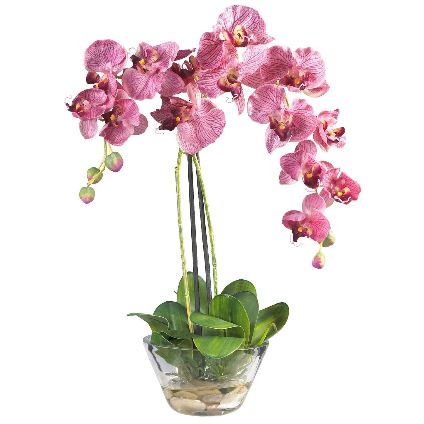 Phalaenopsis avec vase en verre, composition florale en soie