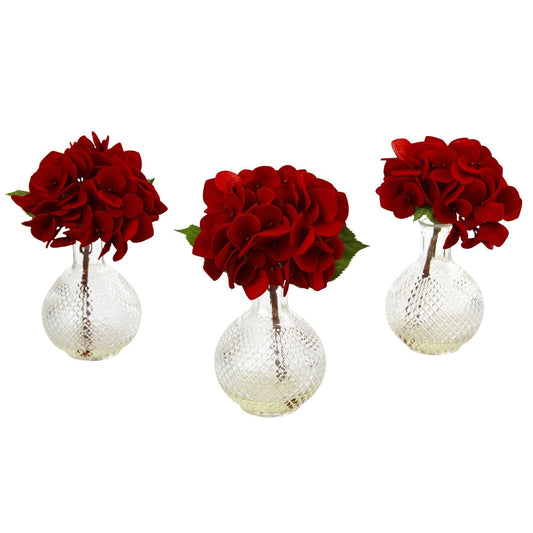 Hortensia rouge avec vase en verre (lot de 3)