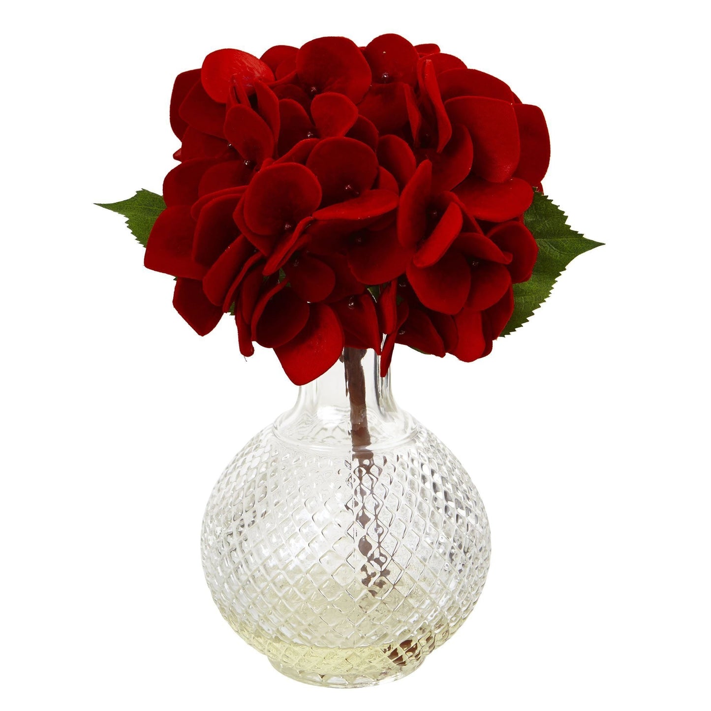 Hortensia rouge avec vase en verre (lot de 3)