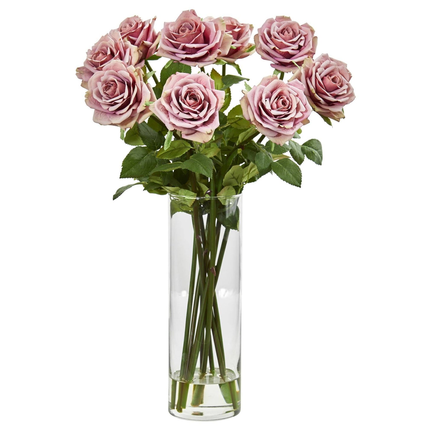 Arrangement de roses artificielles dans un vase cylindrique