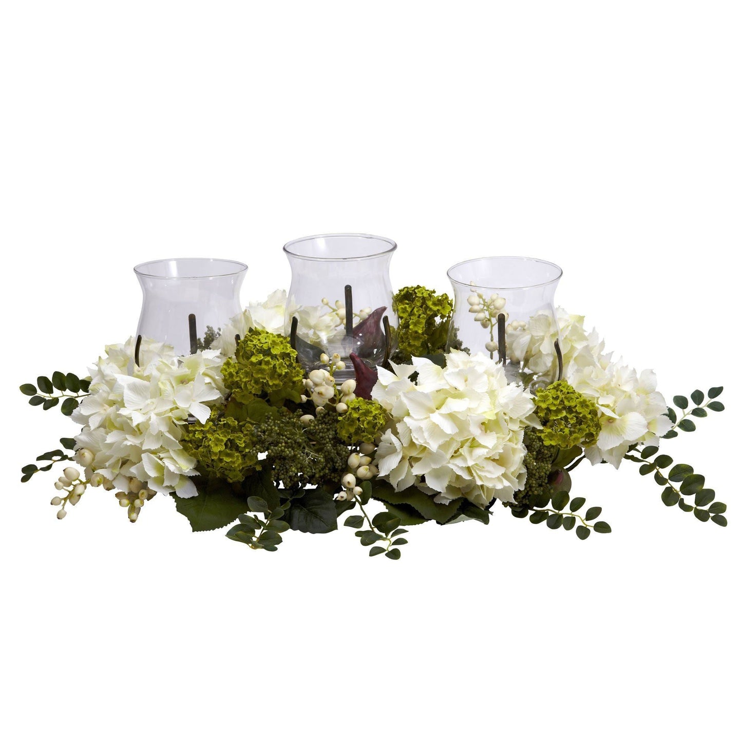 Candelabro triple con hortensias en forma de bola de nieve