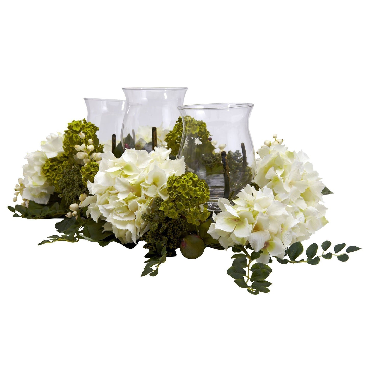 Candelabro triple con hortensias en forma de bola de nieve