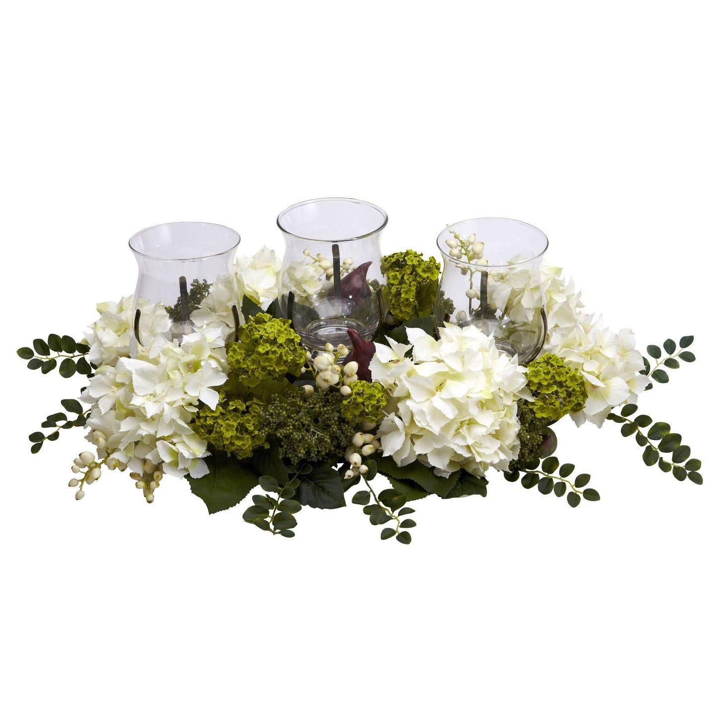 Candelabro triple con hortensias en forma de bola de nieve