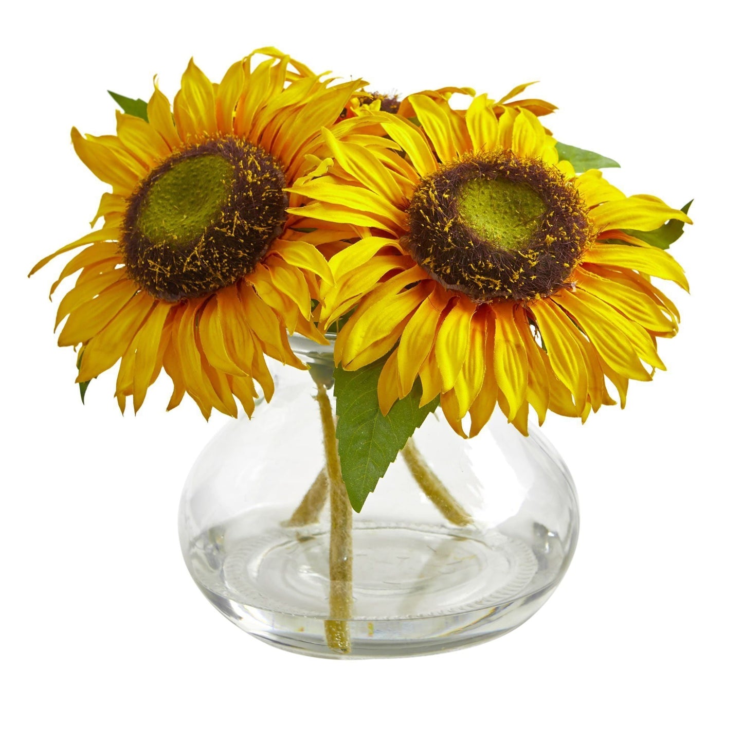 Arrangement artificiel de tournesols dans un vase en verre