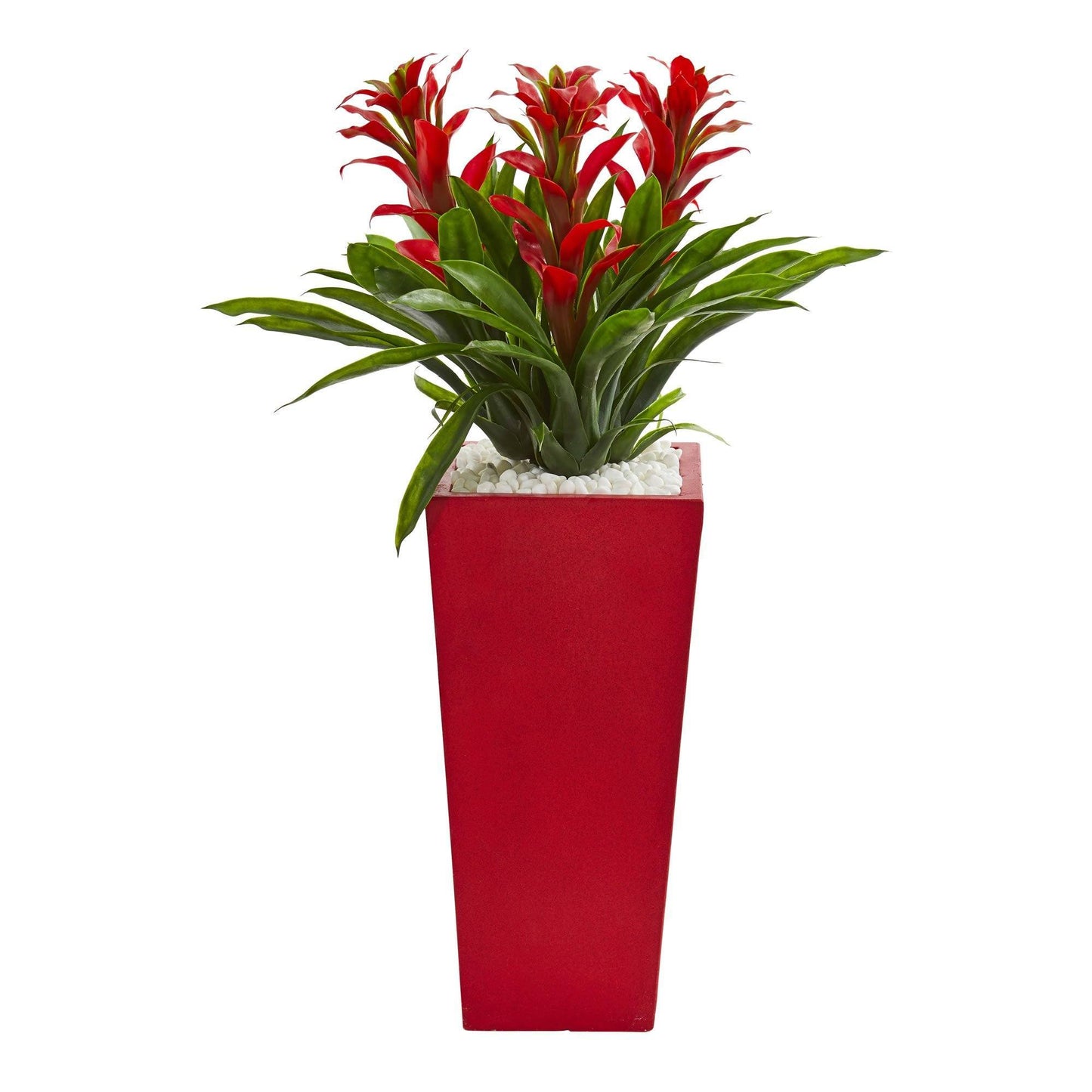 Planta artificial de triple bromelia en jardinera roja