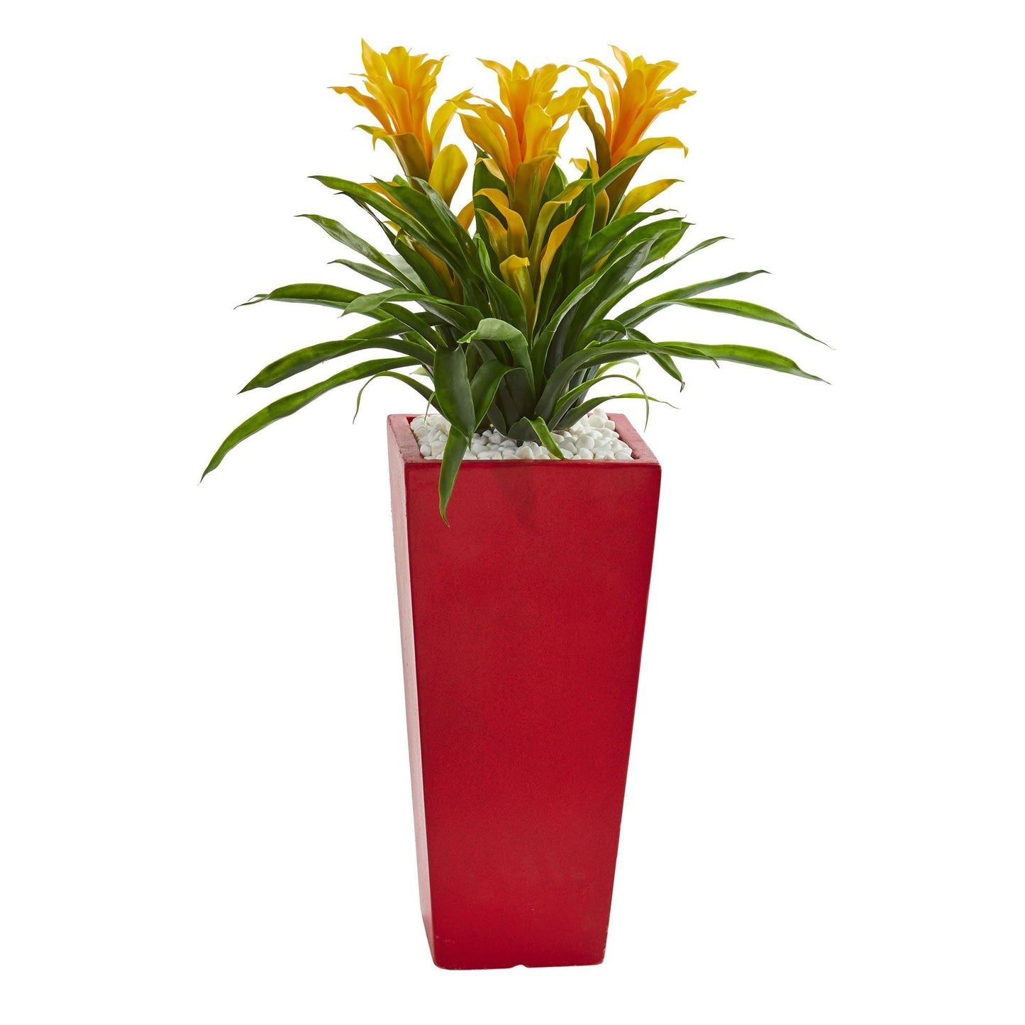 Planta artificial de triple bromelia en jardinera roja