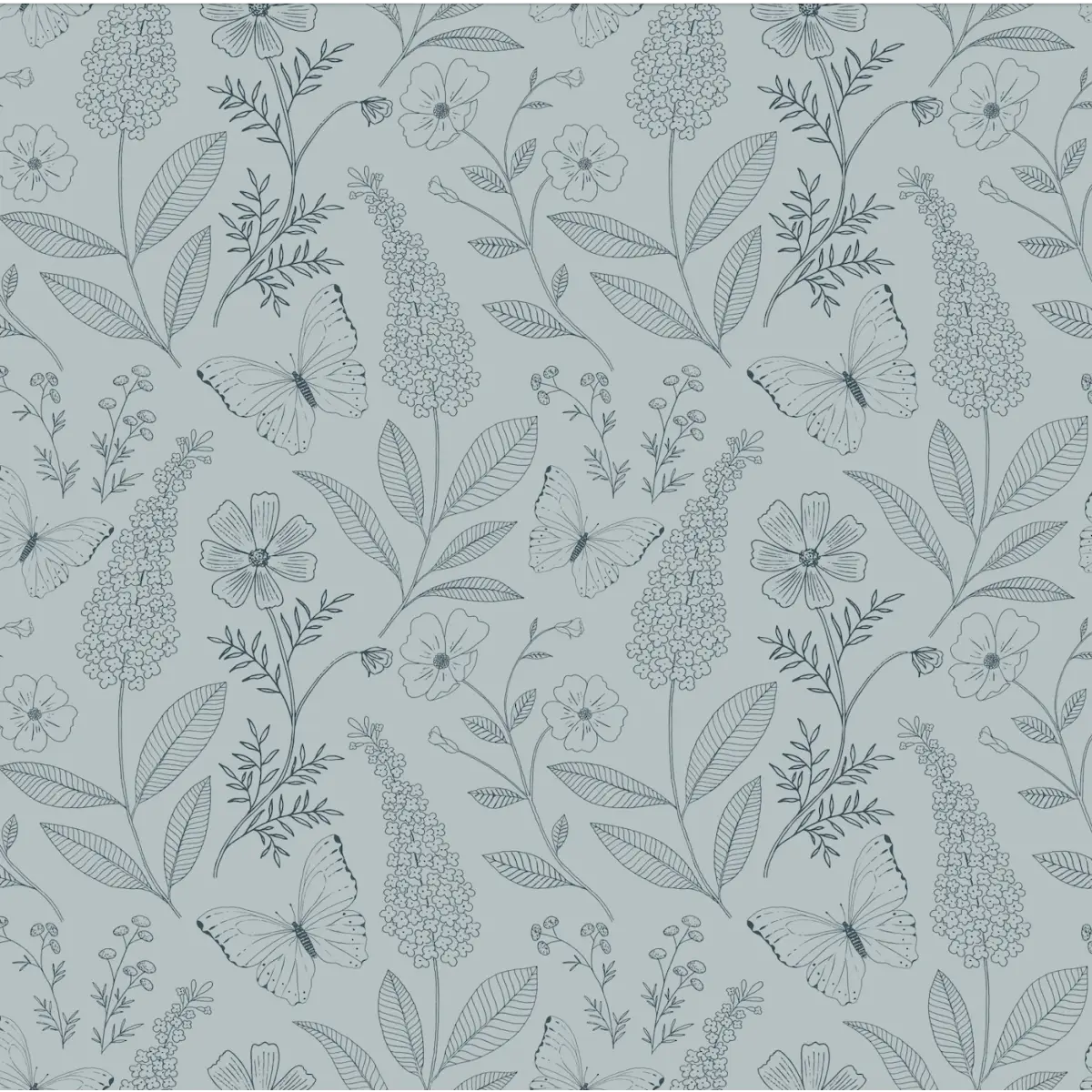 Ashlyn Wallpaper - Butterflies and Flowers Line Drawings - by Gooseberry Moon - Sample 1 foot by 1 foot / Blue