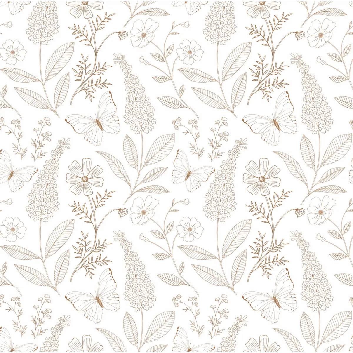 Ashlyn Wallpaper - Butterflies and Flowers Line Drawings - by Gooseberry Moon - Sample 1 foot by 1 foot / White