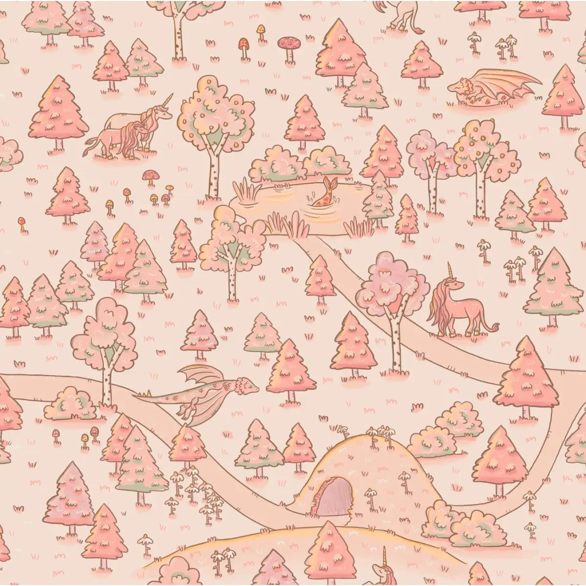 Aubrette Wallpaper - Unicorn Forest Pathways for Kids - by Tylee Hansen - Sample 1 foot by 1 foot / Sunset - Loomwell