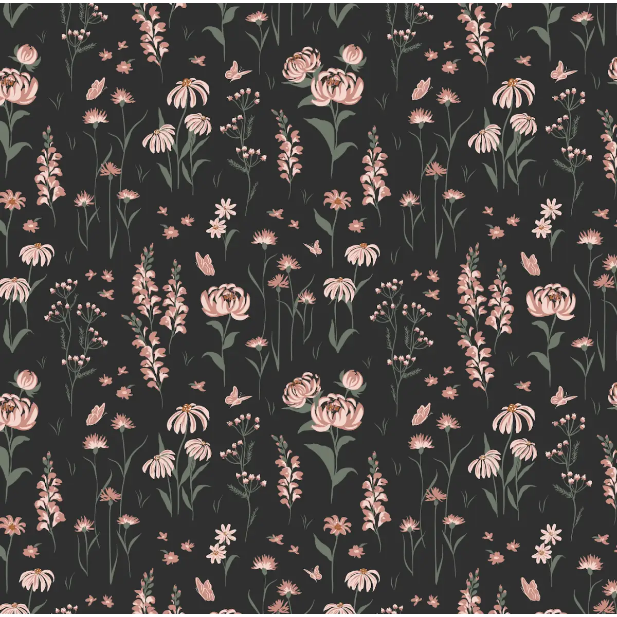 Audrey Wallpaper - Flowers and Butterflies - by Hearten Design - Sample 1 foot by 1 foot / Black - Loomwell Home Goods