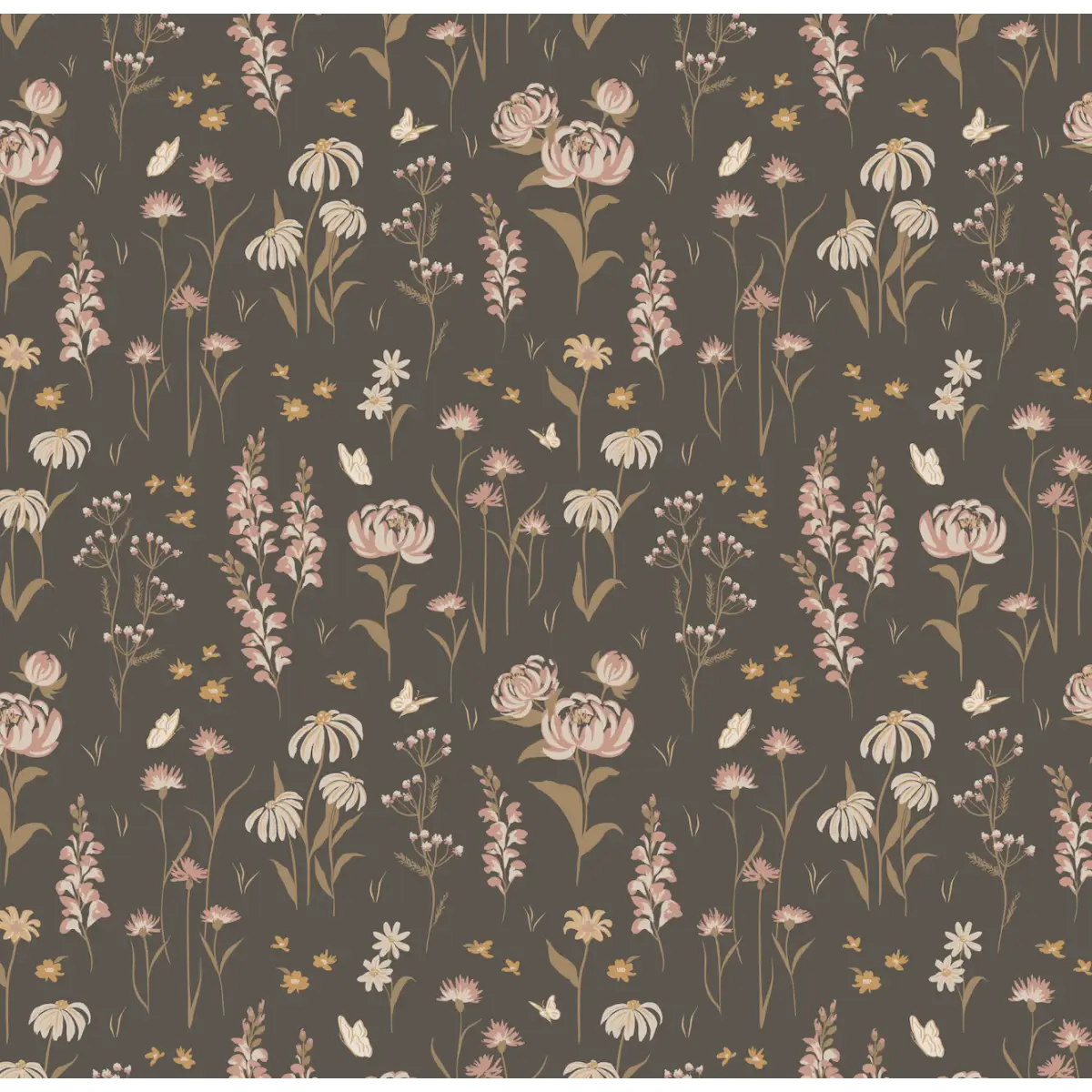 Audrey Wallpaper - Flowers and Butterflies - by Hearten Design - Sample 1 foot by 1 foot / Charcoal - Loomwell Home