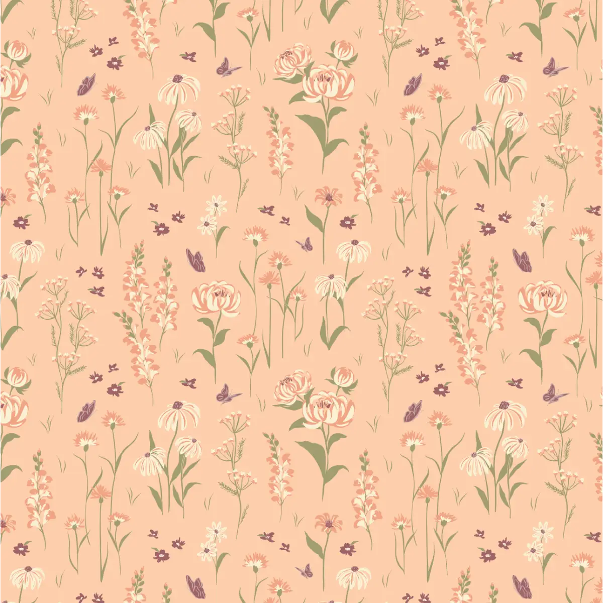 Audrey Wallpaper - Flowers and Butterflies - by Hearten Design - Sample 1 foot by 1 foot / Peach - Loomwell Home Goods