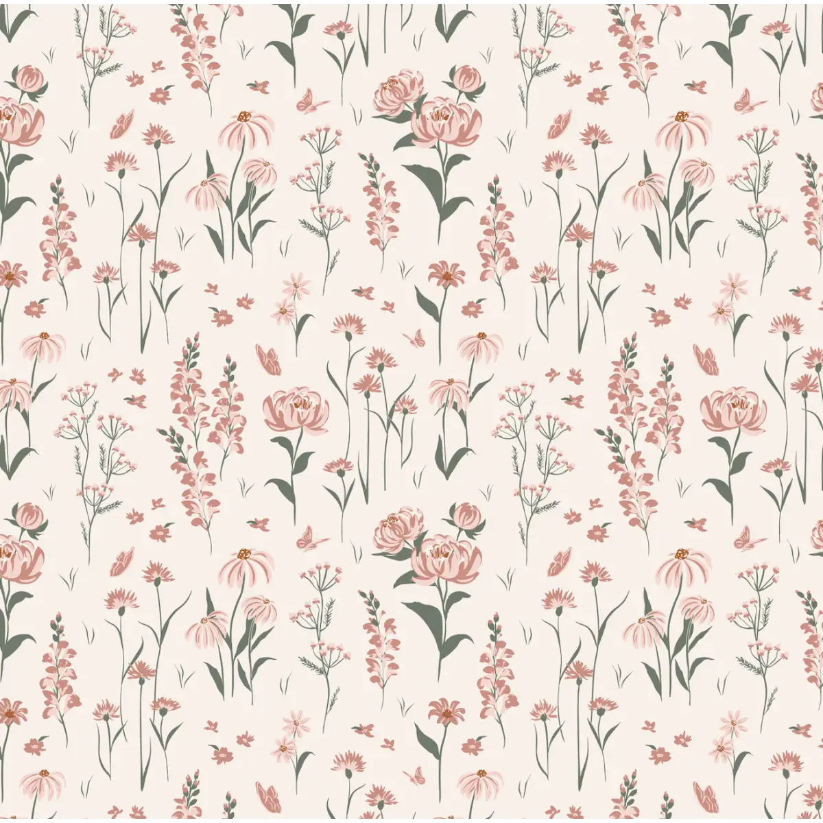 Audrey Wallpaper - Flowers and Butterflies - by Hearten Design - Sample 1 foot by 1 foot / White - Loomwell Home Goods