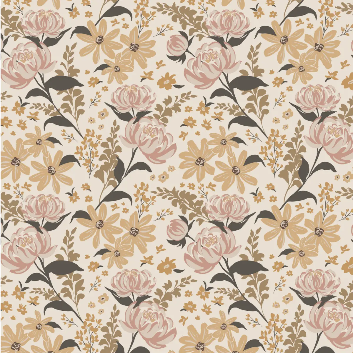 Aurelia Wallpaper - Flowers - by Hearten Design - Sample 1 foot by 1 foot / Mustard - Loomwell Home Goods