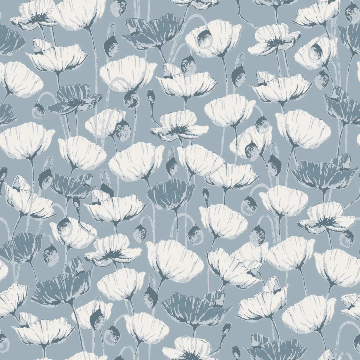 Aurora Wallpaper - Poppies - by Melissa Johnson Design - Sample 1 foot by 1 foot / Blue / Small Scale - Loomwell Home