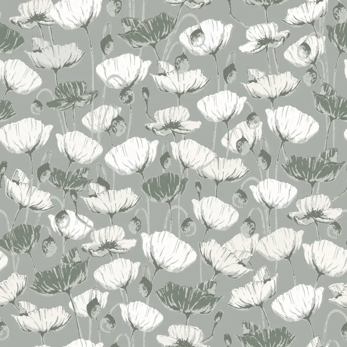 Aurora Wallpaper - Poppies - by Melissa Johnson Design - Sample 1 foot by 1 foot / Green / Small Scale - Loomwell Home