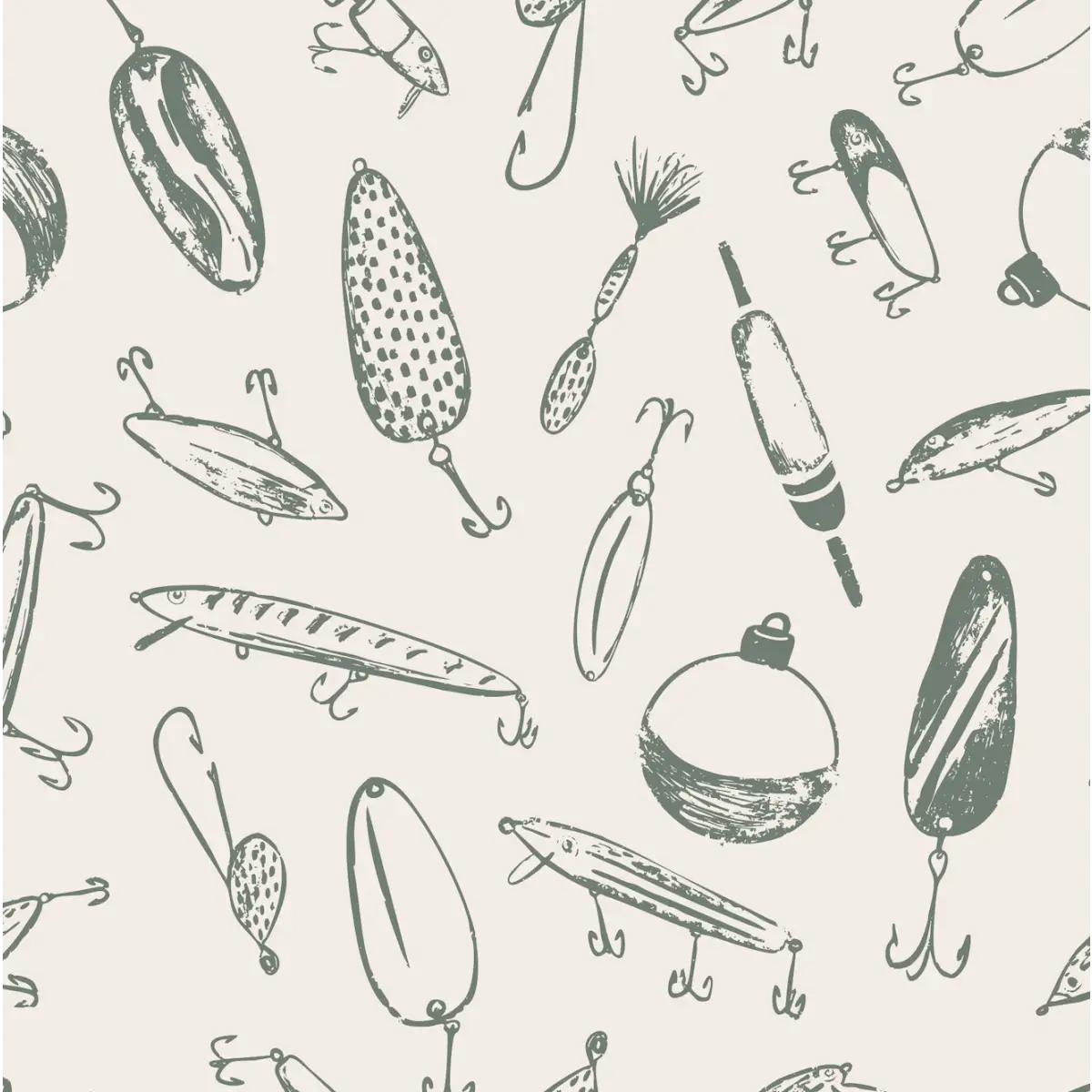 Bait Wallpaper - Fishing Lures - by Kim Hallquist Designs - Sample 1 foot by 1 foot / Green - Loomwell Home Goods