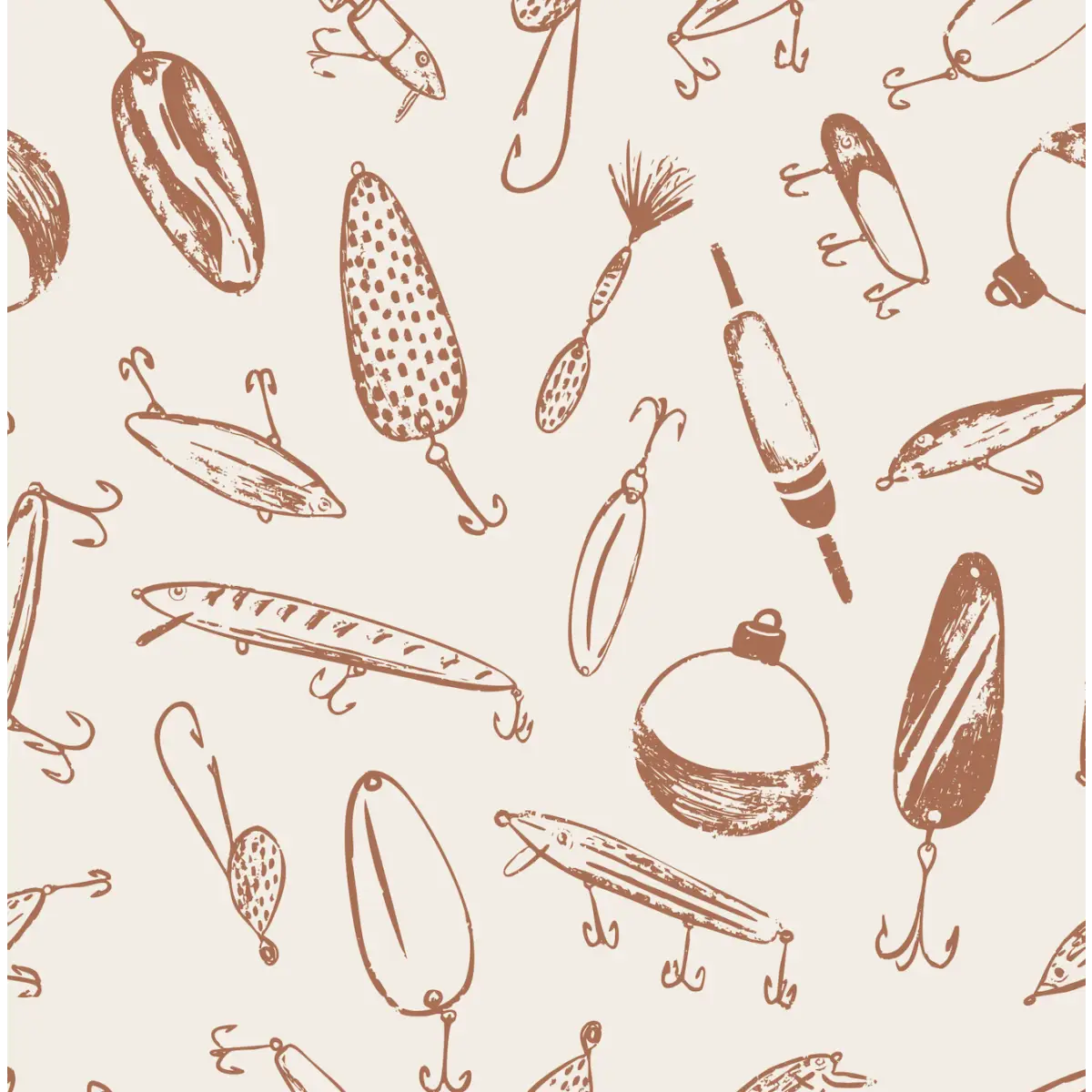 Bait Wallpaper - Fishing Lures - by Kim Hallquist Designs - Sample 1 foot by 1 foot / Rust - Loomwell Home Goods