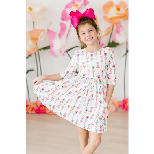 Ballerina Bows 3/4 Sleeve Pocket Twirl Dress - Mila & Rose ®